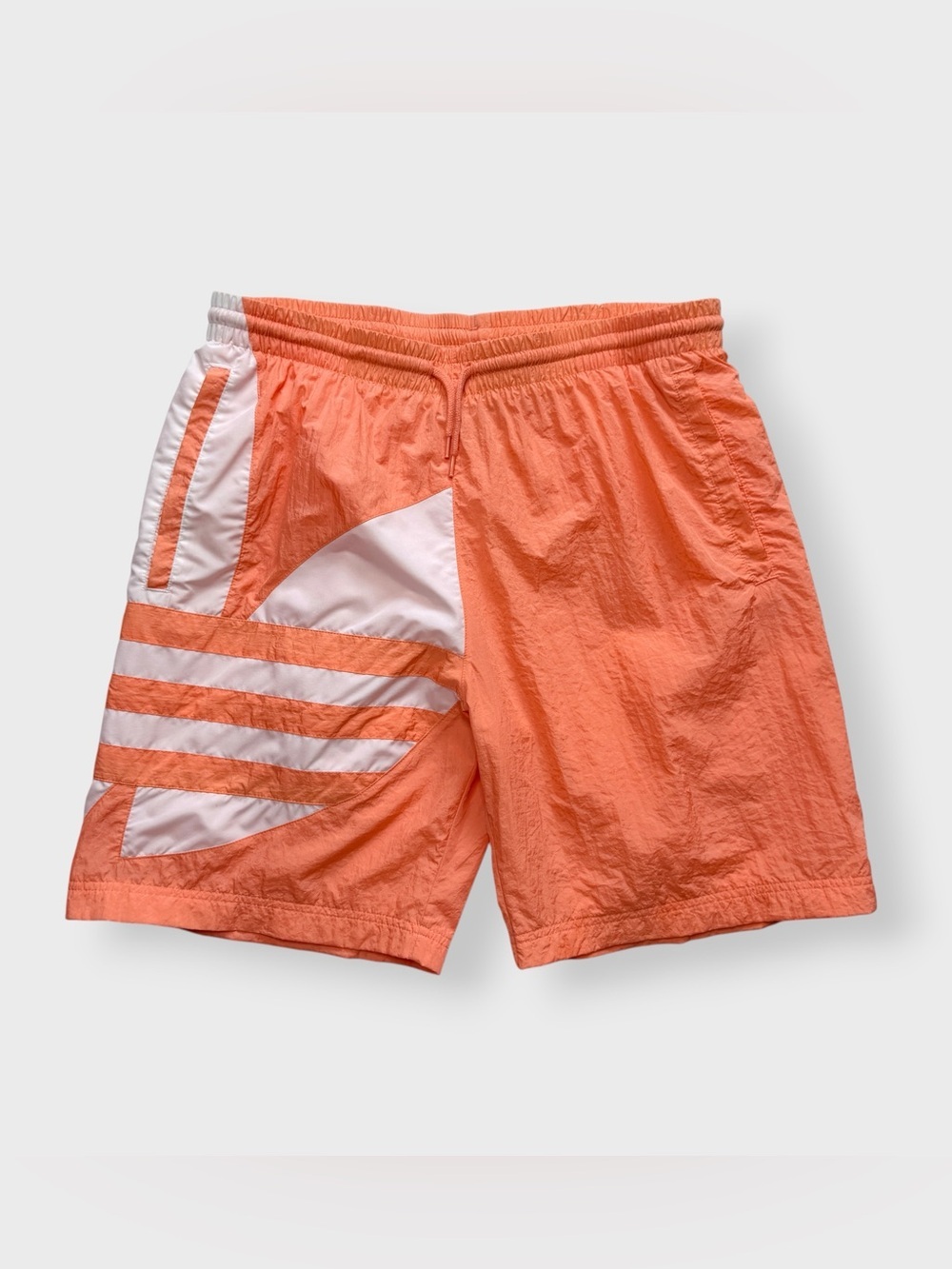 adidas Big Logo Nylon Shorts, Gym Workout Swim Trunks, Lined Pockets Peach M